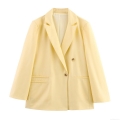 Women's Casual Loose Pale Yellow Blazer Notched Lapel Long Sleeve Polyester Suit Jacket Outerwear for Office Streetwear Autumn