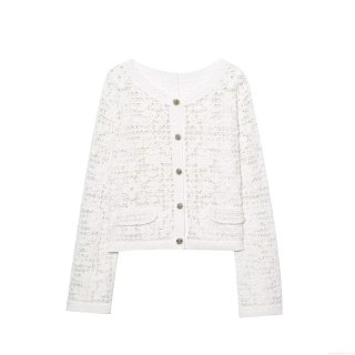 Women's Hollow Out Crochet Knitted Jacket Round Neck Single Breasted Long Sleeve See-through Cardigan Streetwear Party Breathable Polyester White Outerwear