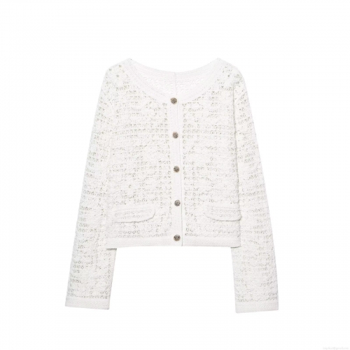 Women's Hollow Out Crochet Knitted Jacket Round Neck Single Breasted Long Sleeve See-through Cardigan Streetwear Party Breathable Polyester White Outerwear