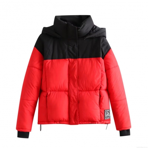 Women's Winter Hooded Puffer Jacket Color Block Red Black Thick Cotton-Padded Coat Loose Fit Windproof Middle-Long Parka Outwear Streetwear