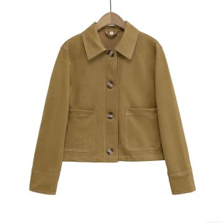 Women's Faux Suede Cropped Jacket Contrast Stitching Lapel Single Breasted Autumn Outerwear With Pockets Streetwear Casual Tan Coat
