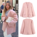 Women's Autumn Casual Loose Solid Pink Polyester Blazer Long Sleeve V Neck Open Front Jacket With Pockets Streetwear Style