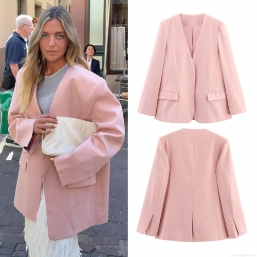 Women's Autumn Casual Loose Solid Pink Polyester Blazer Long Sleeve V Neck Open Front Jacket With Pockets Streetwear Style