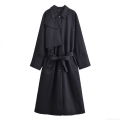 Women's 100% Polyester Long Trench Coat Lapel Single Breasted Waist Tie Belt Loose Fit European American Style Autumn Windbreaker Jacket
