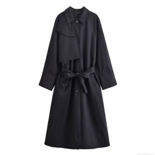Women's 100% Polyester Long Trench Coat Lapel Single Breasted Waist Tie Belt Loose Fit European American Style Autumn Windbreaker Jacket