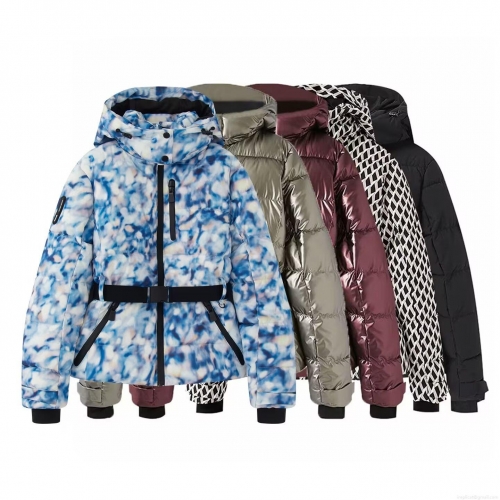 Women's Winter Hooded Cotton Padded Ski Jacket With Belt Slim Fit Windproof Waterproof Printed Metallic Puffer Coat Outdoor Fashion Parka