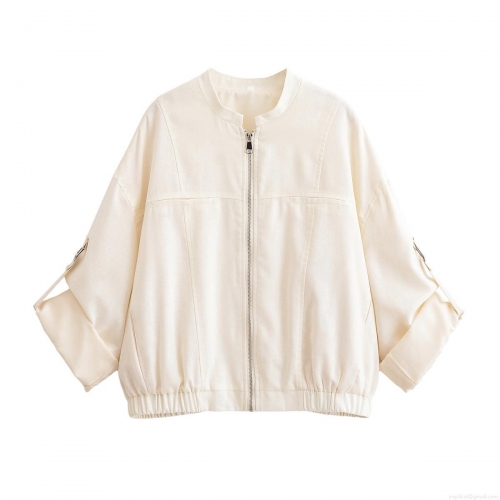 Women's Casual Loose Zip-Up Bomber Jacket Solid Off-White Round Neck Long Sleeve Woven Polyester Streetwear Outerwear Coat For Women