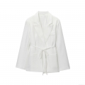 Women's Solid Color Lapel Long Sleeve Blazer Jacket With Waist Tie Polyester Loose Fit Mid-Length Suit Outerwear For Office Daily Autumn Street Style