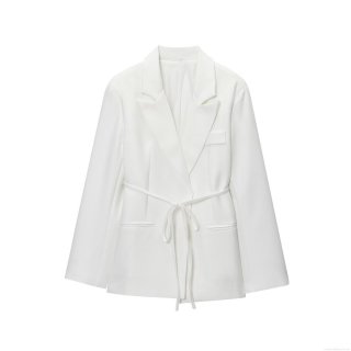 Women's Solid Color Lapel Long Sleeve Blazer Jacket With Waist Tie Polyester Loose Fit Mid-Length Suit Outerwear For Office Daily Autumn Street Style