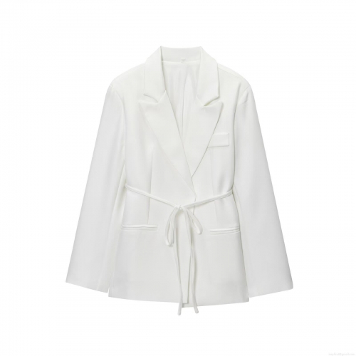 Women's Solid Color Lapel Long Sleeve Blazer Jacket With Waist Tie Polyester Loose Fit Mid-Length Suit Outerwear For Office Daily Autumn Street Style