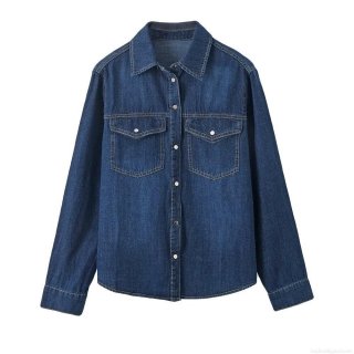 Women's Denim Jacket Lapel Long Sleeve Button Down Jean Outerwear With Pockets Casual Street Style Solid Color Deep Blue Women's Jacket For Autumn