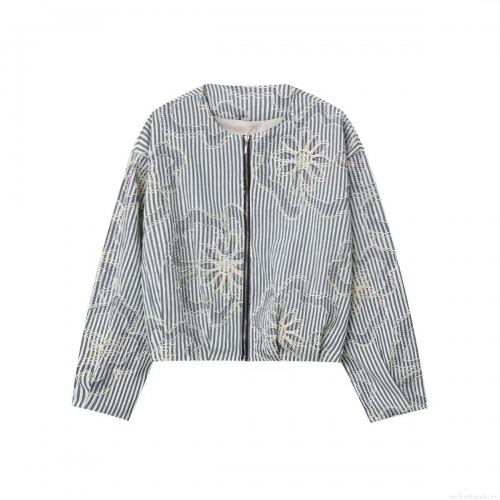 Women's Striped Embroidery Jacket Floral Pattern Zipper Front Long Sleeve Polyester Outerwear Coat For Casual Streetwear Autumn