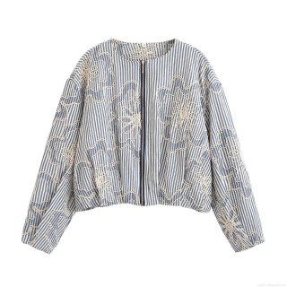 Women Floral Embroidery Stripe Zipper Jacket Long Sleeve Round Neck Loose Casual Streetwear Outerwear Coat For Women Autumn Winter