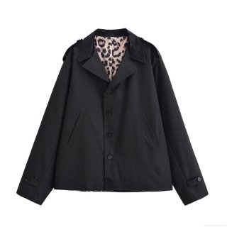 Women Fashion 100% Polyester Trench Jacket With Leopard Print Lining Lapel Single Breasted Long Sleeve Casual Windbreaker Coat With Shoulder Straps For Autumn Streetwear
