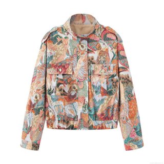 Women's Jacket Coat 100% Polyester Heavy Duty Jacquard Fabric Metallic Zipper Long Sleeve Lapel Collar Front Pockets Bird Floral Print Vintage European Street Fashion Regular Fit Women Lady