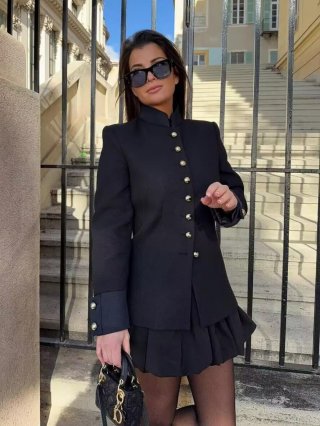 Women's Elegant Stand Collar Long Sleeve Jacket With Gold Buttons Solid Black Polyester Woven Blazer For Autumn Winter Daily Streetwear Lady