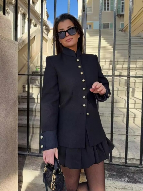 Women's Elegant Stand Collar Long Sleeve Jacket With Gold Buttons Solid Black Polyester Woven Blazer For Autumn Winter Daily Streetwear Lady