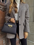 Women European Retro Houndstooth Blazer Lapel Long Sleeve Single Breasted Two Button Suit Jacket With Pockets For Office Commute Daily Streetwear Polyester Woolen Style Outerwear