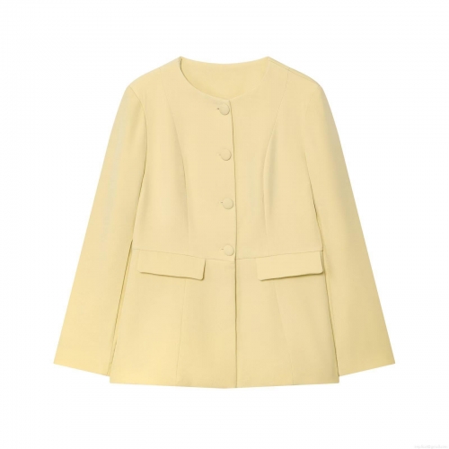 Women's Casual Round Neck Long Sleeve Blazer Solid Color Single Breasted Jacket For Autumn Daily Office Street Style Ladies Outerwear