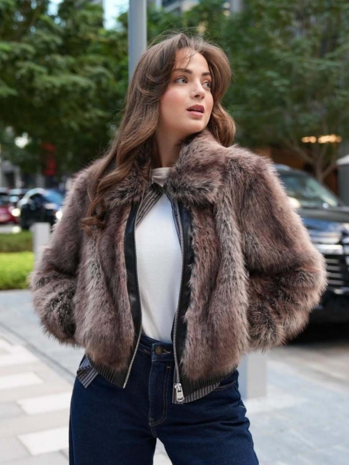 Women's Faux Fur Jacket Winter Warm Lapel Long Sleeve Zip Up Shaggy Coat Brown Solid Streetwear Fashionable Plush Outerwear For Women