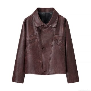 Women Vintage PU Leather Jacket Loose Fit Lapel Long Sleeve Single Breasted Coat With Pockets And Polyester Lining For Autumn Winter Streetwear