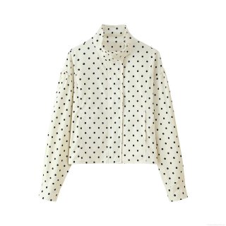 Women's Polka Dot Zipper Jacket Stand Collar Long Lantern Sleeve Polyester Coat For Autumn Daily Streetwear Casual Outerwear