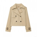 Women's Short Trench Coat Jacket Double Breasted Lapel Windbreaker With Epaulettes Khaki Solid Color Polyester Long Sleeve Streetwear Outerwear For Lady