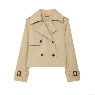 Women's Short Trench Coat Jacket Double Breasted Lapel Windbreaker With Epaulettes Khaki Solid Color Polyester Long Sleeve Streetwear Outerwear For Lady