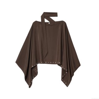 Women's Satin Cape Jacket With Rivet Studded Hem Short Batwing Sleeve Outerwear Scarf Neck Coffee Brown Elegant Fall Streetwear For Ladies