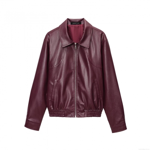 Women's Loose PU Leather Jacket Solid Wine Red Lapel Metal Zipper Long Sleeve Autumn Winter Streetwear Outerwear Casual Fashion Coat