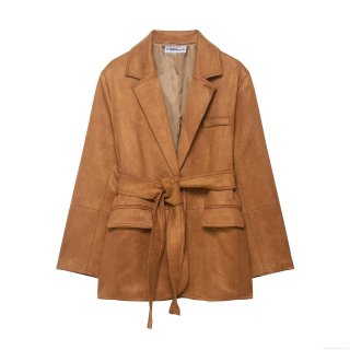 Women's Faux Suede Blazer Jacket Elegant Long Sleeve Lapel Waist Tie Loose Outerwear For Daily Commute Casual Style Solid Color Brown Coat