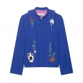 Women Vintage Embroidered Baseball Jacket Polyester Long Sleeve Stand Collar Streetwear Outerwear For Daily Date Blue Floral Cactus Pattern Jacket
