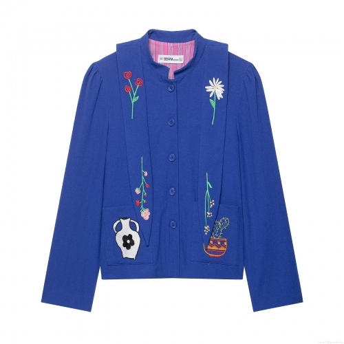 Women Vintage Embroidered Baseball Jacket Polyester Long Sleeve Stand Collar Streetwear Outerwear For Daily Date Blue Floral Cactus Pattern Jacket