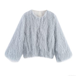 Women's Luxury Light Blue Faux Fur Tassel Jacket Round Neck Long Sleeve Loose Fit Single Breasted Coat For Autumn Winter Streetwear Party Lady Outerwear