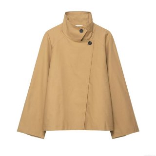 Women's Short Trench Coat Stand Collar Asymmetric Single Breasted Jacket Khaki Solid Color Long Sleeve Casual Streetwear Windbreaker Outwear For Women