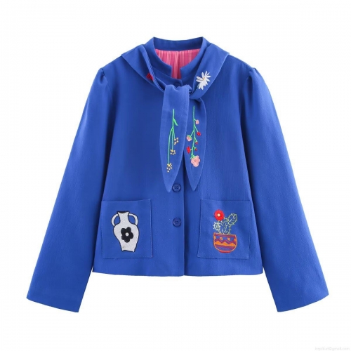 Women's Vintage Blue Floral Embroidery Jacket Long Sleeve Tie-up Stand Collar Single Breasted Polyester Baseball Coat Autumn Streetwear Casual Outerwear