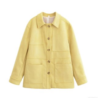 Women's Faux Suede Jacket Casual Long Sleeve Lapel Single Breasted Multi-Pocket Workwear Coat Solid Yellow Autumn Outerwear For Women Streetwear