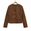 Women's Dark Brown Suede Jacket Fashion Round Neck Single Breasted Long Sleeve Loose Baseball Jacket For Autumn Winter Casual Streetwear Ladies Outwear