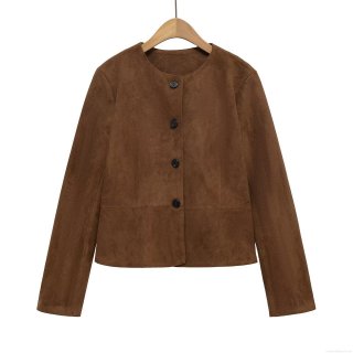 Women's Dark Brown Suede Jacket Fashion Round Neck Single Breasted Long Sleeve Loose Baseball Jacket For Autumn Winter Casual Streetwear Ladies Outwear
