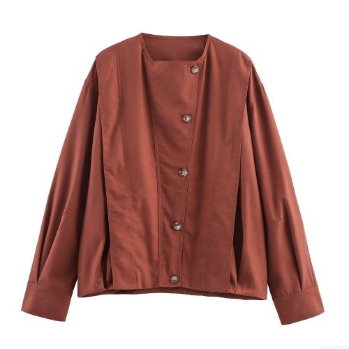 Women's Fashion Brick Red Asymmetric Button Pleated Jacket European Streetwear Solid Polyester Long Sleeve Baseball Coat With Box Pleat Back