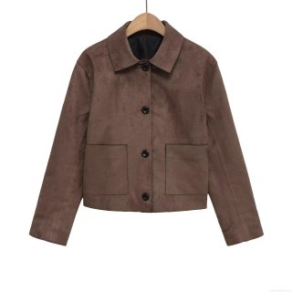 Women's Retro Suede Texture Lapel Jacket Single Breasted Baseball Coat With Large Pockets Solid Color Streetwear Outerwear For Autumn Winter