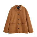 Women's Casual Suede Lapel Jacket Autumn Long Sleeve Loose Fit Button Down Coat With Pockets Solid Color Streetwear Outerwear For Women Caramel Chocolate