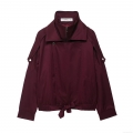 Women's Baseball Jacket 100% Polyester Double Collar Zipper Long Sleeve Fall Outerwear Burgundy Casual Streetwear Bomber Coat With Hem Bow