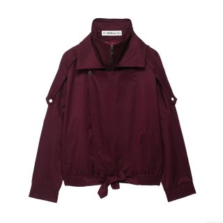Women's Baseball Jacket 100% Polyester Double Collar Zipper Long Sleeve Fall Outerwear Burgundy Casual Streetwear Bomber Coat With Hem Bow