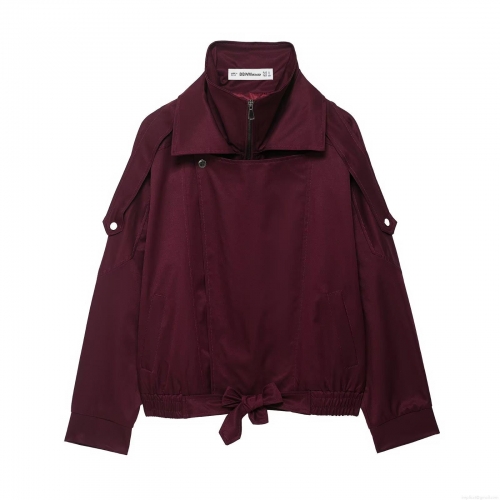 Women's Baseball Jacket 100% Polyester Double Collar Zipper Long Sleeve Fall Outerwear Burgundy Casual Streetwear Bomber Coat With Hem Bow
