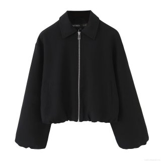 Women's Casual Turn-down Collar Zipper Bomber Jacket Loose Fit Long Sleeve Puffy Oversized Solid Color Streetwear Outerwear Autumn Coat For Women