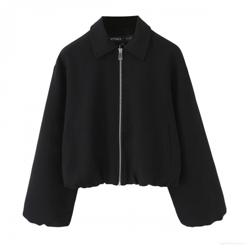 Women's Casual Turn-down Collar Zipper Bomber Jacket Loose Fit Long Sleeve Puffy Oversized Solid Color Streetwear Outerwear Autumn Coat For Women