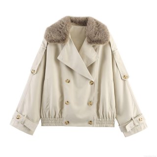 Women's Short Trench Coat With Faux Fur Collar Double Breasted Solid Color Twill Jacket Outerwear For Winter Autumn Street Style