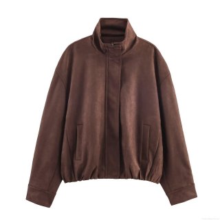 Women Suede Jacket Stand Collar Vintage Bomber Jacket Solid Color Casual Streetwear Long Sleeve Zip Up Outerwear Fall Winter Fashion Coat