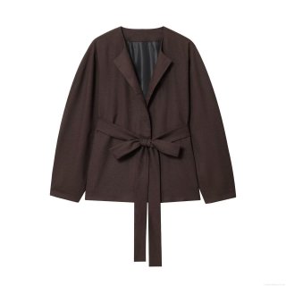 Women's Lapel Long Sleeve Jacket With Waist Belt Solid Color Street Style Coffee Polyester Blazer Coat For Fall Winter Office Daily Wear